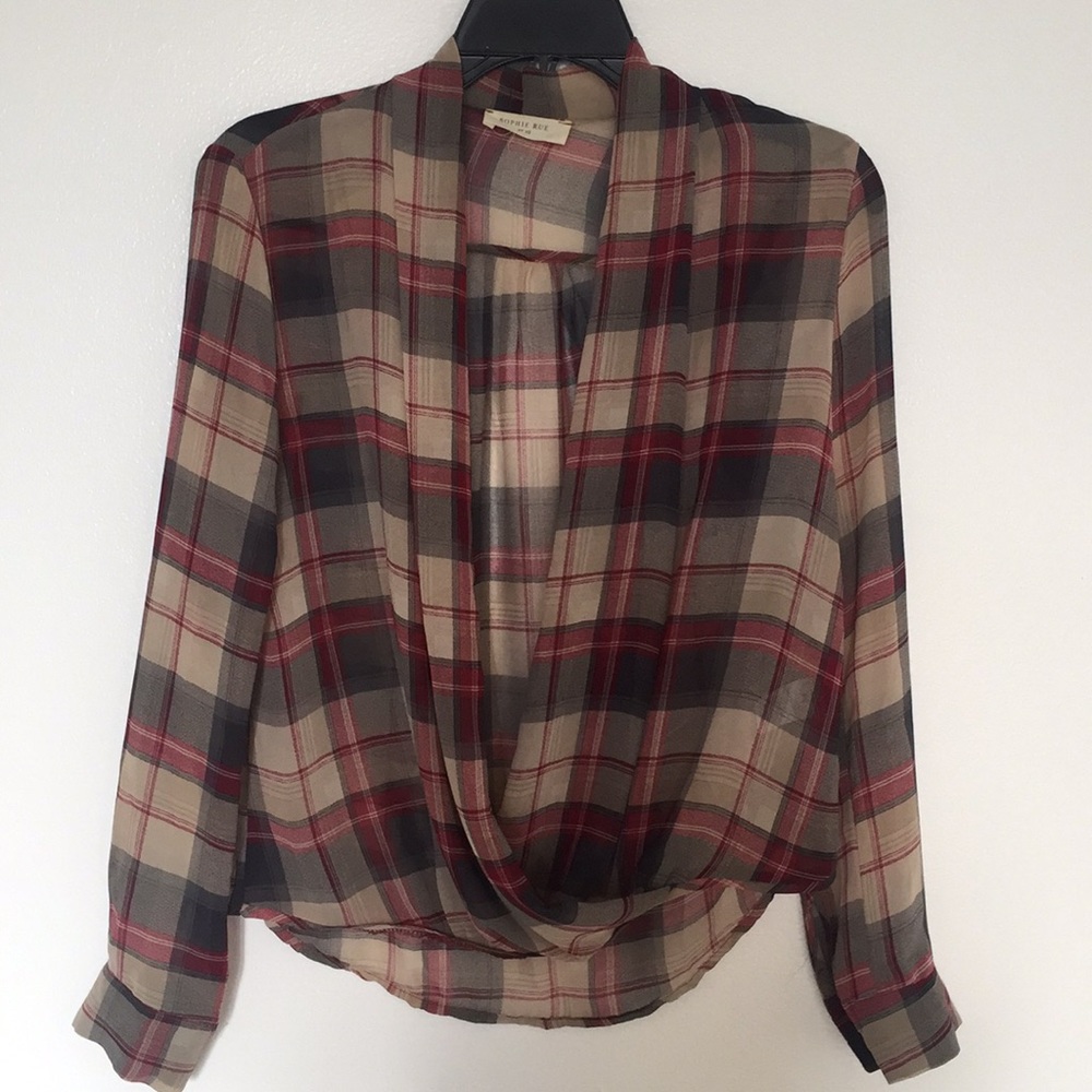 Sophie Rue sheer checkered red & green blouse XS